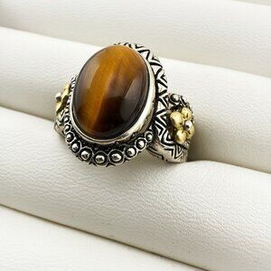 Barbara Bixby Ring Sterling Silver 18K Gold Tigers Eye Size 9 Floral Oval